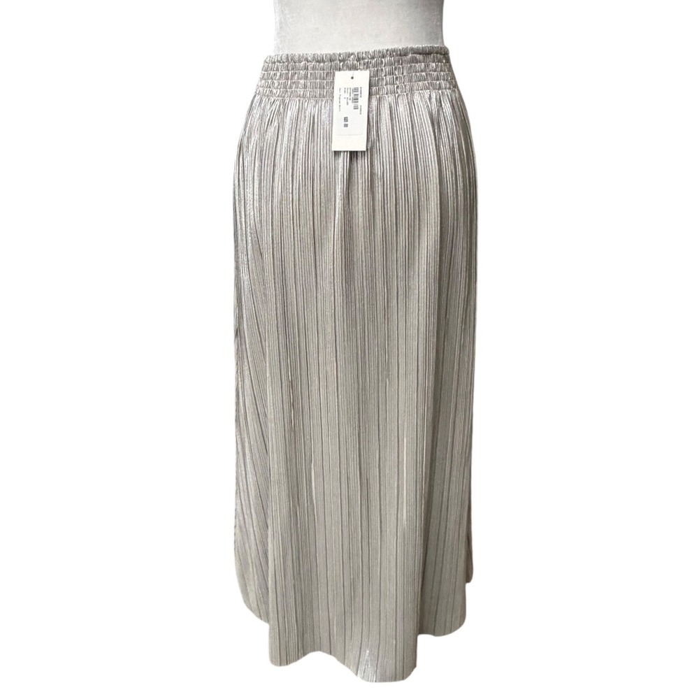 Evereve Silver Metallic Plisse Pleated Maxi Skirt Smocked Waist Women's Sz‎ S
